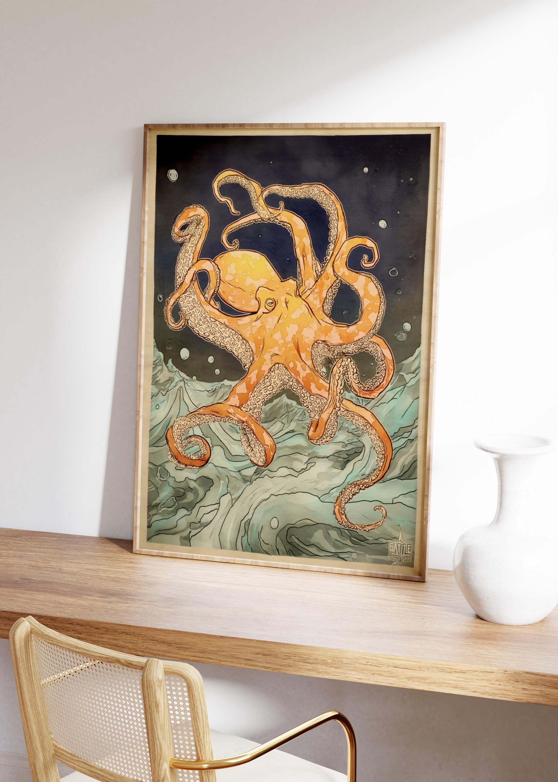 ヴィンテージのタコの絵画、日本のタコの版画、落ち着いたグリーンの