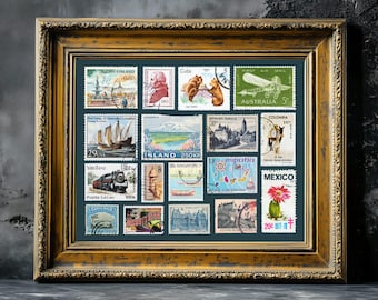 Vintage Travel Stamps Poster, Retro Collage Art Print