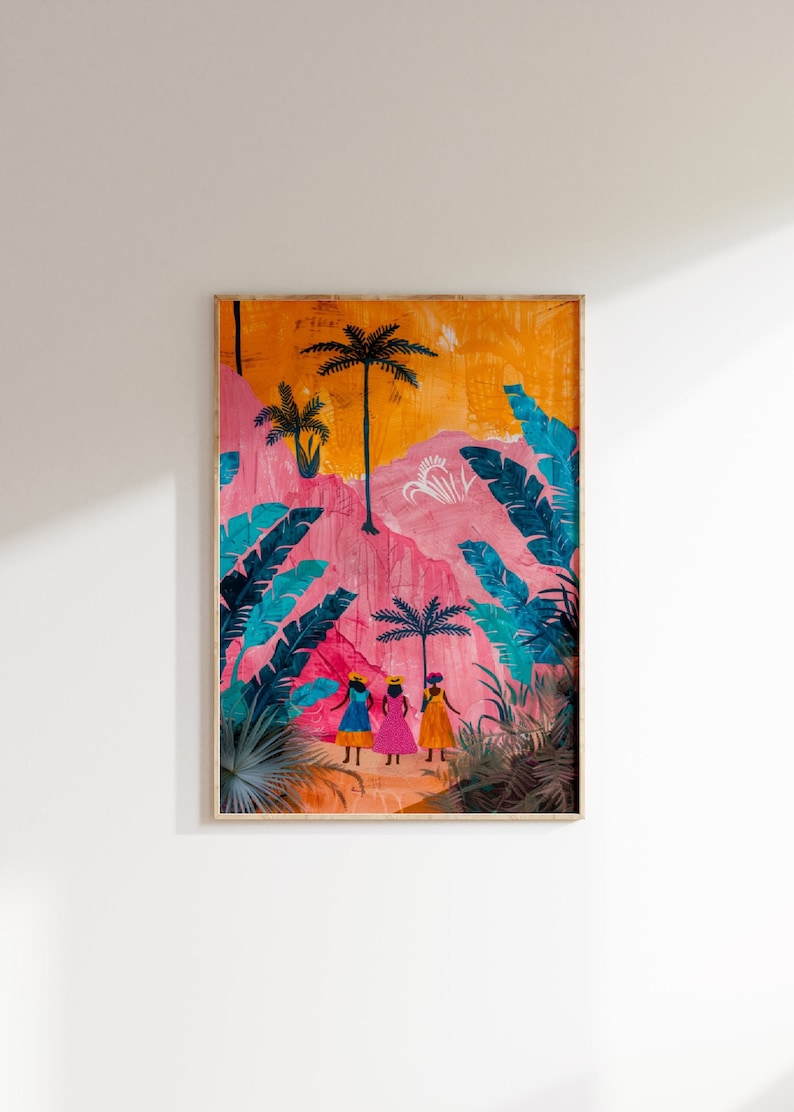May include: A framed illustration of three women in colorful dresses walking through a tropical jungle with palm trees and pink and orange mountains in the background.