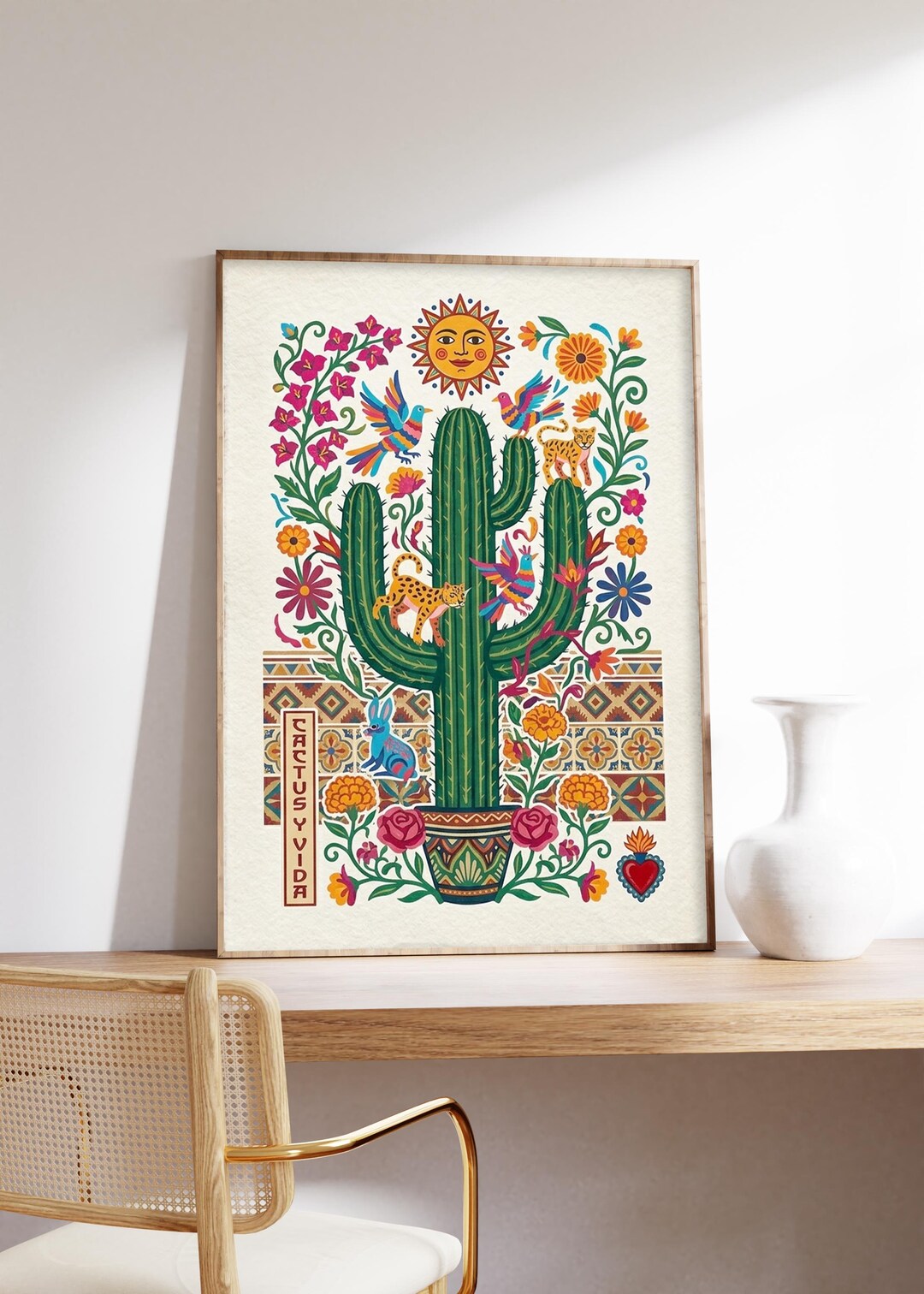 Mexican Folk Art Print, Floral Cactus Desert Poster, Vibrant Boho ...