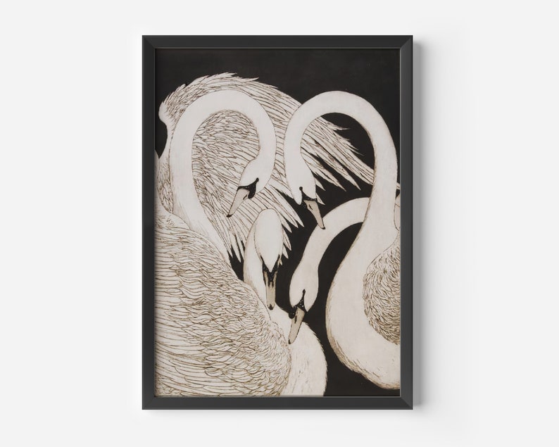 May include: A black and white illustration of three swans with their necks intertwined, creating a heart shape. The swans are depicted in a minimalist style with detailed feathers.