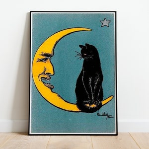 The “familiar spirit” Funny Cat And Moon Vintage Poster, Art Deco, Cat Print, Colorful Wall Art, Large Wall Art Print, Decor, Retro Poster