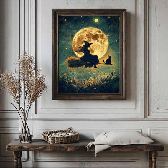 Three Witches In Autumnal Forest Framed Canvas Wall Art Spooky Fall