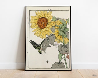 Japanese Sunflower Vintage Poster, Art Deco, Vintage Print, Colorful Wall Art, Large Wall Art Print, Room Decor, Retro Japanese Antique Art