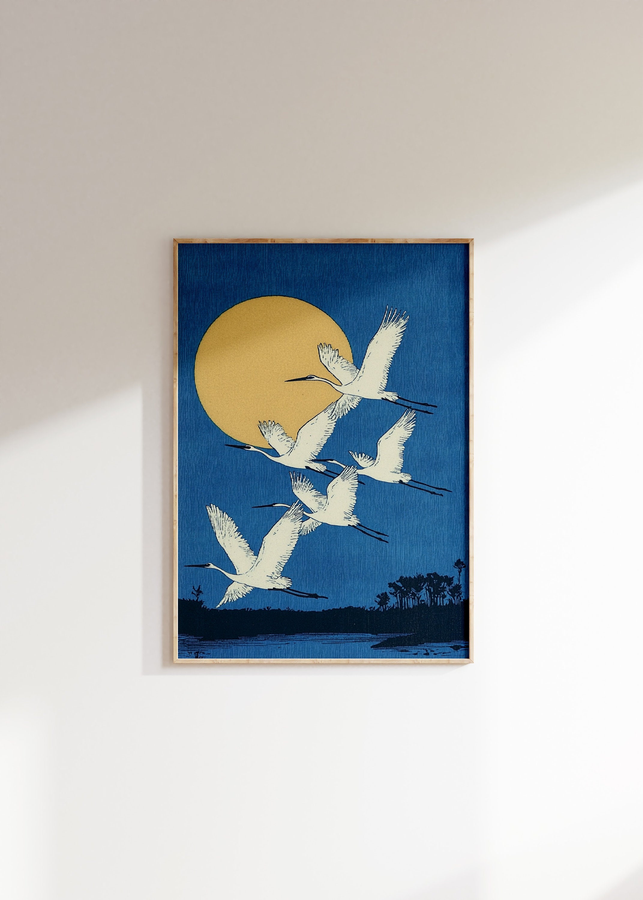 Full Moon and Crane Flying Painting, Watercoloor Crane Print