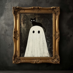 Schwarze Katze Sitzt auf Geist Kopf, Halloween Kunst Poster, Gruselige Geist Wandkunst, Herbstdekoration, Halloween Wanddekor, Dark Academia