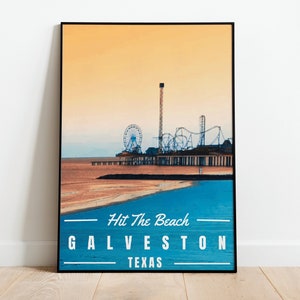 Galveston Texas Beach Vintage Poster, Art Deco, Vintage Print, Colorful Wall Art, Large Wall Art Print, Decor, Retro Texas Travel Poster