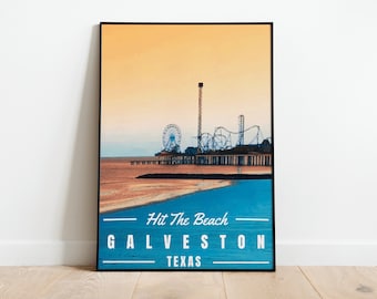 Galveston Texas Beach Vintage Poster, Art Deco, Vintage Print, Colorful Wall Art, Large Wall Art Print, Decor, Retro Texas Travel Poster