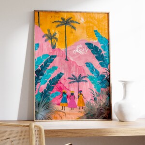 May include: A framed illustration of three women in colorful dresses walking through a pink and yellow landscape with palm trees and tropical foliage.