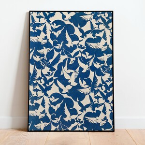 Pigeons in White and Blue Poster, Abstract Bird Pattern, Botanical Poster, Vintage Print, Colorful Wall Art, Large Wall Art, Birds Poster