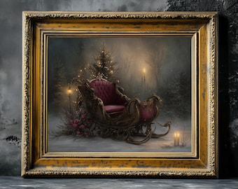 Vintage Santa Sleigh Poster, Moody Christmas Art Print