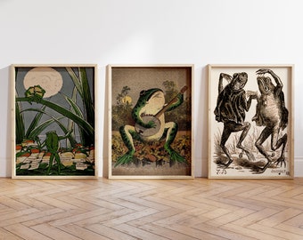 Set Of 3 Vintage Frog Prints, Vintage Japanese Wall Art, Frog Poster, Extra Large Wall Art, Frog Chorus, Frog Playing Banjo, Two Funny Frogs