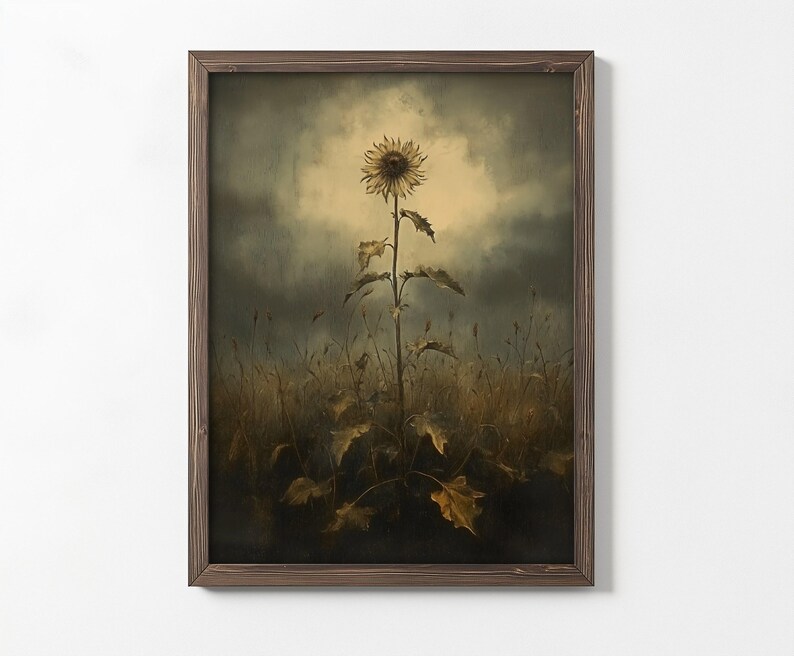 Peut inclure: Une peinture encadr&eacute;e d'un seul tournesol dans un champ. Le tournesol est grand et a un centre jaune avec des p&eacute;tales bruns. Le champ est d'une couleur brun et vert terne, et le ciel est d'un gris fonc&eacute; avec une touche de lumi&egrave;re en arri&egrave;re-plan.