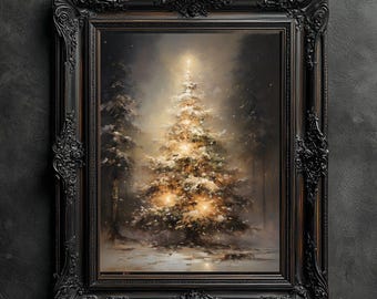 May include: A framed painting of a Christmas tree in a snowy forest. The artwork features a detailed black ornate frame. The tree is illuminated with warm, golden lights, creating a festive and cozy atmosphere. The painting is set against a dark, moody background.
