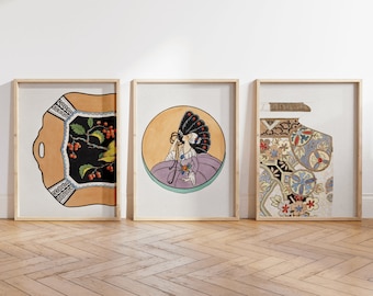 Set of 3 Japanese Art Deco Prints, Vintage Illustration, Large Wall Art