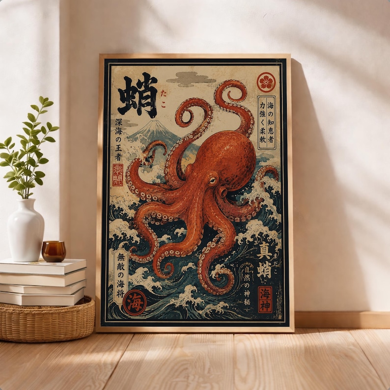May include: A framed rectangular wall art print featuring a large orange octopus centered over stylized blue ocean waves and a mountain peak in the background. The artwork includes black Japanese kanji characters and red circular seal stamps.