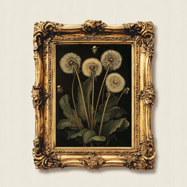 Moody Dandelions Print, Antique Oil Painting Style, Dark Academia Wall Art