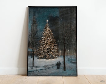 May include: A painting depicting a snowy city scene at night, featuring a large, illuminated Christmas tree in the centre. The tree is adorned with lights and decorations. People can be seen walking in the background, with buildings visible in the distance.