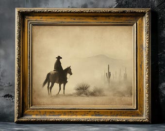 Impression vintage cowboy sur le cheval, art de Noël de mauvaise humeur sombre, décoration de Noël rustique, art mural ferme, déco esthétique sombre, Far West