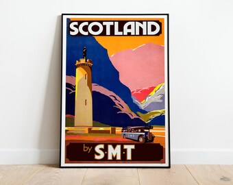 Scotland Travel Vintage Poster, Art Deco, Vintage Print, Colorful Wall Art, Large Wall Art Print, Decor, Retro Scotland Poster, Classic Art