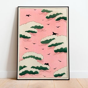 Ilustración de cielo rosa, cartel vintage, patrón abstracto, xilografía japonesa, impresión vintage, arte de pared colorido, arte grande, cartel japonés