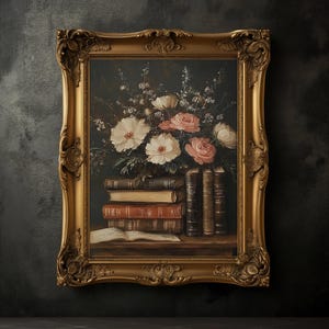 Impressão de livros e flores vintage, pôster de livro Moody, arte de parede botânica Moody, decoração rústica para casa, impressão escura, academia escura, estética escura