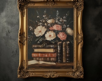 Vintage Books and Flowers Print, Moody Botanical Wall Art, Dark Academia