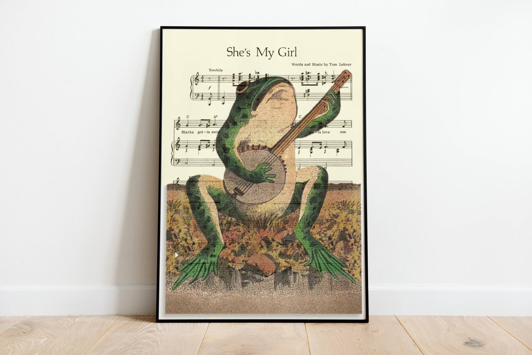 A Frog Playing Banjo in the Moonlight Vintage Poster, Music Sheet Version , Art Deco, Vintage