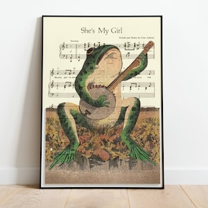 Affiche vintage Une grenouille jouant du banjo au clair de lune, version partition, Art déco, impression vintage, art mural coloré, grande impression d'art mural