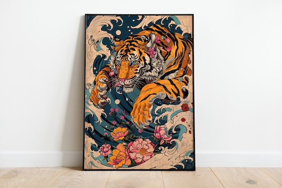 Tiger and the Great Wave off Kanagawa Poster, Vintage Japanese
