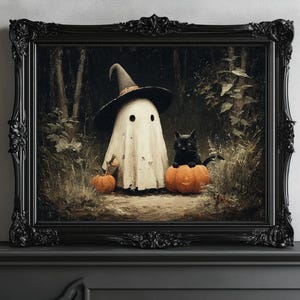 Ghost, Black Cat and Pumpkin Print, Halloween Art Poster, Spooky Ghost Wall Art, Fall Decoration, Halloween Wall Decor