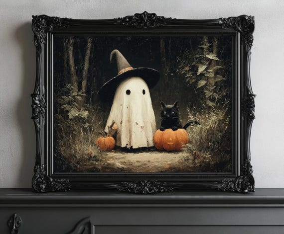 Ghost, Black Cat and Pumpkin Print, Halloween Art Poster, Spooky Ghost Wall Art, Fall Decoration, Halloween Wall Decor