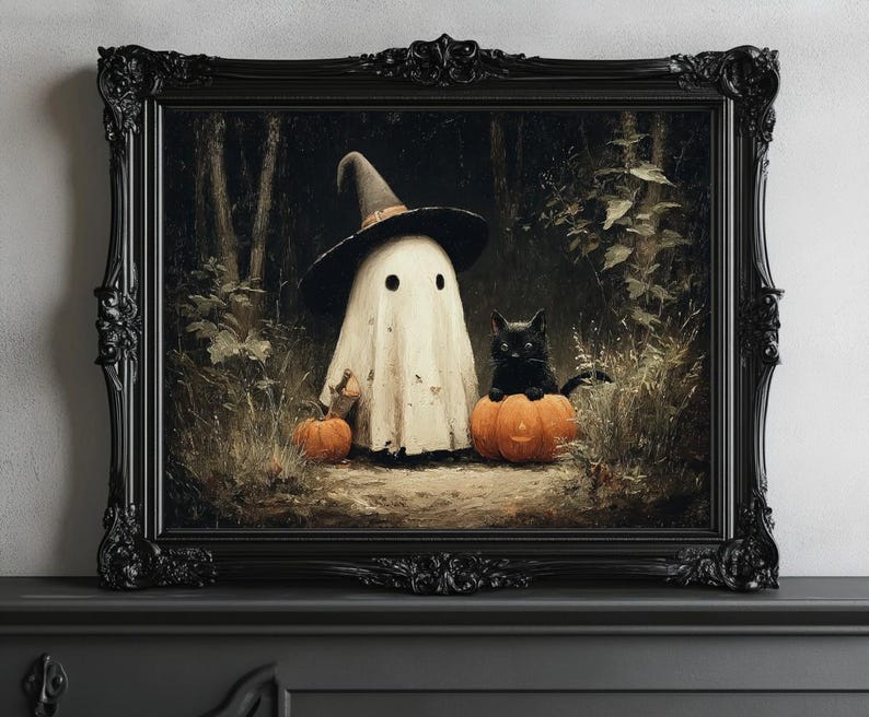 May include: A framed Halloween-themed painting. It depicts a ghost wearing a witch hat, flanked by two orange pumpkins and a black cat. The artwork is set in a dark forest, with a black ornate frame.