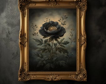Vintage Black Peony Print, Gothic Floral Wall Art