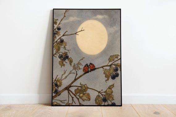 Moonlight Ladybug Watercolor Print, Vintage Nature Wall Art, Cottagecore Decor