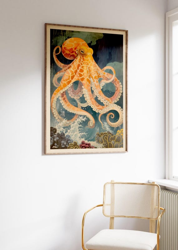 ヴィンテージのタコの絵画、日本のタコの版画、落ち着いたグリーンの