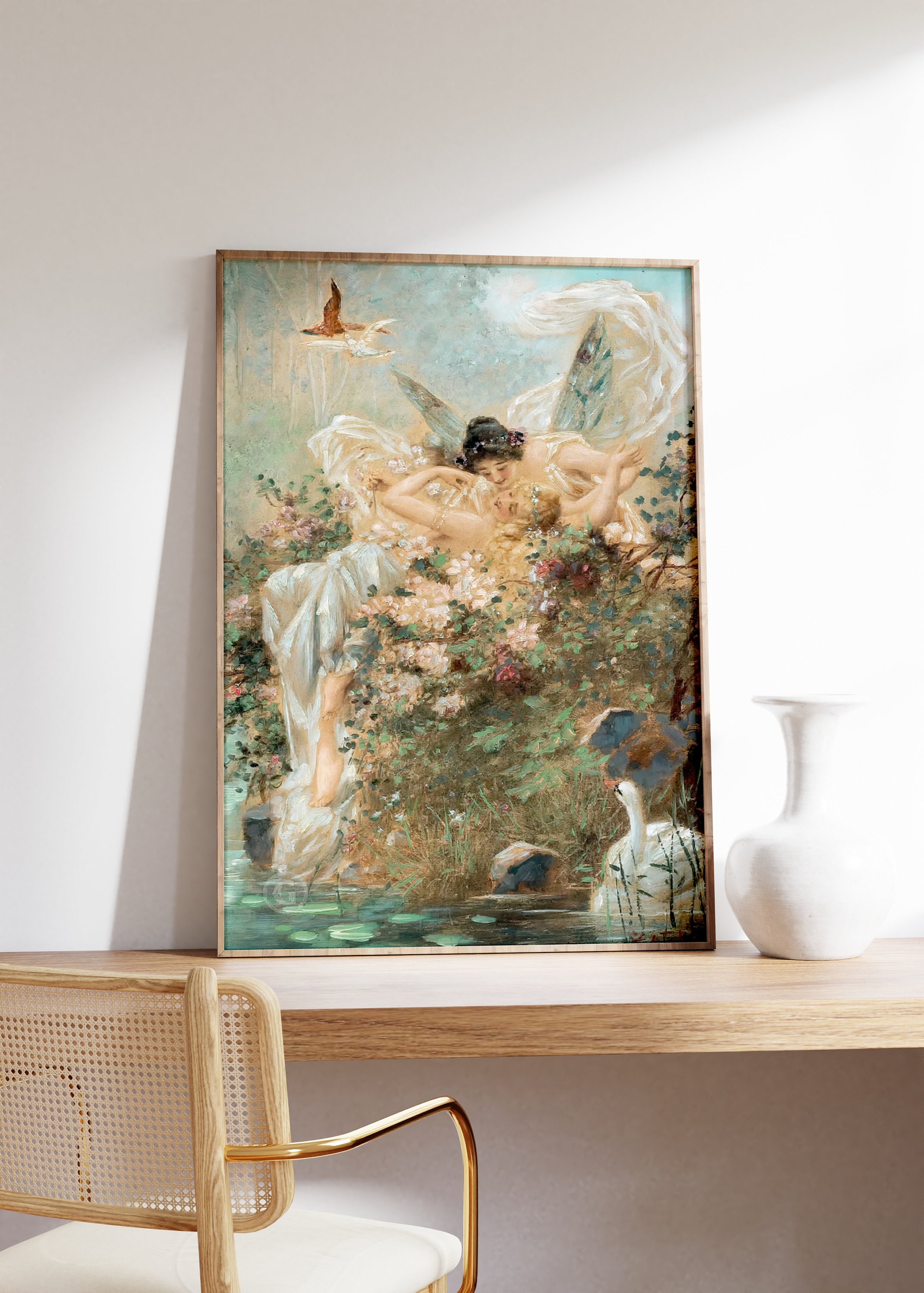 Two Fairies Embracing in a Landscape With a Swan, Hans Zatzka