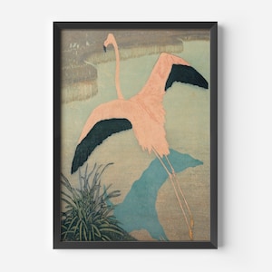 May include: A vintage Japanese woodblock print of a pink flamingo with black wings flying over a blue and green landscape.