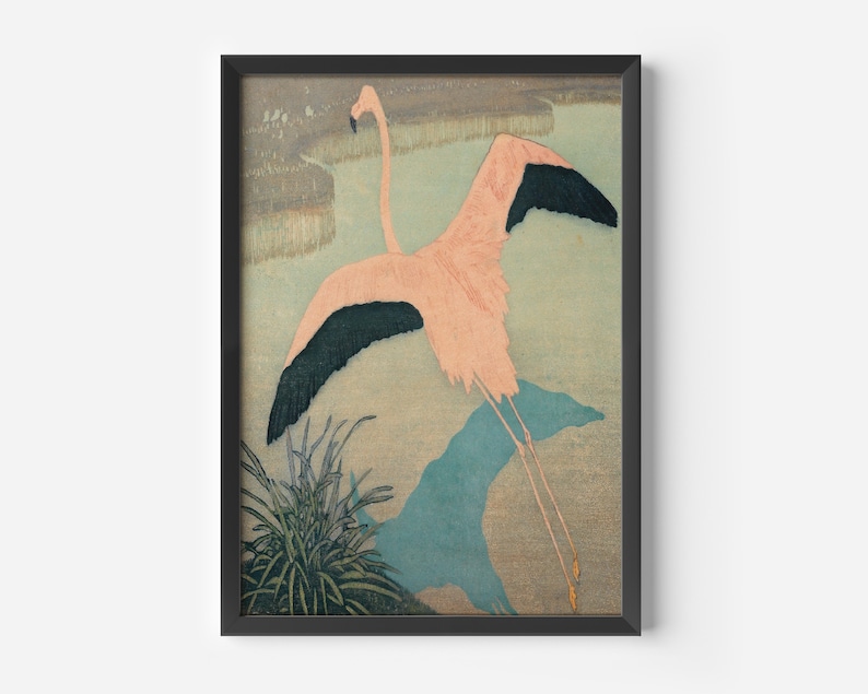 May include: A vintage Japanese woodblock print of a pink flamingo with black wings flying over a blue and green landscape.