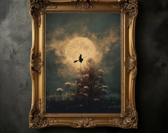 Vintage Witch Flying Art Print, Spooky Halloween Decor