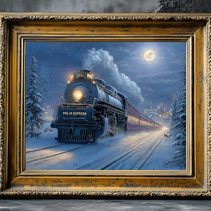 Può includere: Stampa incorniciata di una scena invernale con un treno a vapore blu, il "Polar Express", che viaggia attraverso un paesaggio innevato. L'opera è ambientata in un cielo notturno con luna piena e alberi innevati.