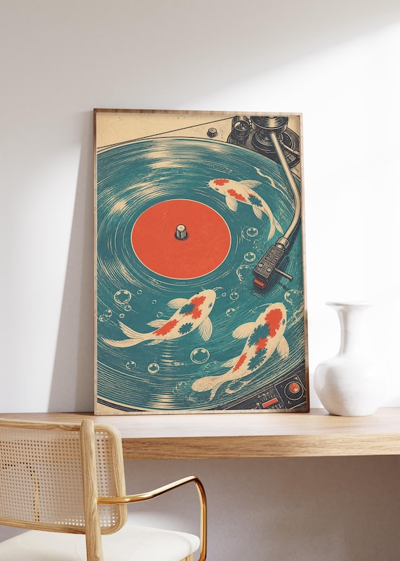 Koi Fish Vinyl Record Art Print, Japanese Turntable Music Decor, Zen Water Poster