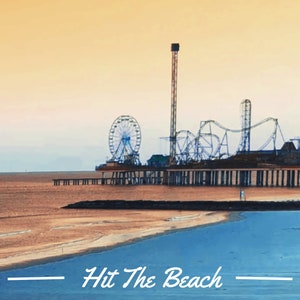 May include: A vintage-style travel poster for Galveston, Texas, featuring a beach scene with a pier, Ferris wheel, and roller coaster. The text "Hit The Beach" and "Galveston Texas" are displayed in white.
