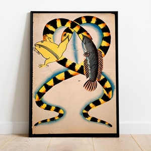 Watersnakes Swallowing Frog And Fish Poster, Frog Wall Art, Snakes Print, Animal Life, Vintage Poster. Large Wall Art, Frog And Toad