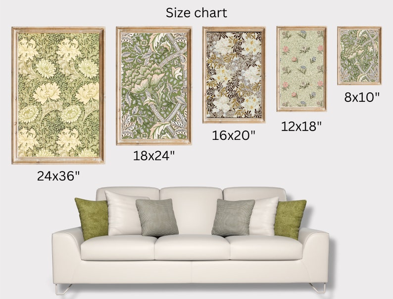 K&ouml;nnte beinhalten: Gr&ouml;&szlig;entabelle f&uuml;r Wandbilder mit floralen Mustern. Die Drucke sind in f&uuml;nf Gr&ouml;&szlig;en erh&auml;ltlich: 8x10 Zoll, 12x18 Zoll, 16x20 Zoll, 18x24 Zoll und 24x36 Zoll.