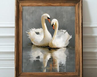 Vintage Swan Art Print, Two Swans Illustration, Soft Color Wall