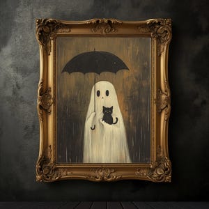 Stampa di un fantasma che tiene in braccio un gatto nero e un ombrello, poster artistico di Halloween, decorazione da parete con fantasmi spettrali, decorazione autunnale, decorazioni di Halloween, Dark Academia