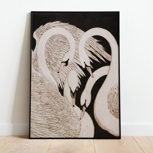 May include: A black and white illustration of three swans with their necks intertwined, creating a heart shape. The swans are drawn in a detailed, realistic style with intricate feather patterns.