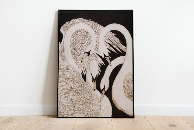 May include: A black and white illustration of three swans with their necks intertwined, creating a heart shape. The swans are drawn in a detailed, realistic style with intricate feather patterns.