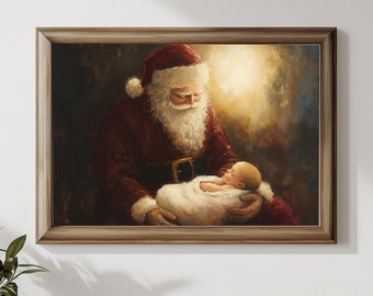May include: A painting of Santa Claus holding a sleeping baby in his arms. The painting is done in a realistic style with warm colors and a soft glow around the figures.
